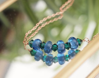 blue and green blowglass and Swarovski crystals short necklace in rose gold filled chain