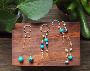 Turquoise tassle earrings, gold tassel earrings, turquoise mismatch earrings, gold tassle earrings