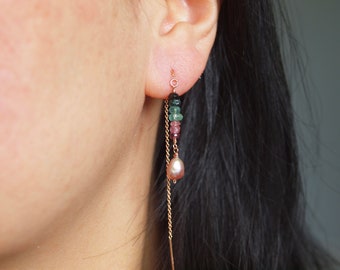 rose gold ear threader, Rainbow tourmaline gemstone, keshi pearl long earrings, gift for her