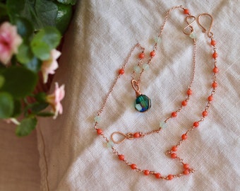 Pendant Necklace to Bracelet Emerald swarovski pendant, coral wirewrapped chain