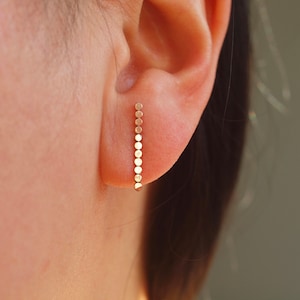 Peut inclure: Une boucle d'oreille dorée avec une ligne de petites perles rondes. La boucle d'oreille est portée au lobe de l'oreille gauche.