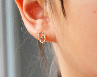 Charlotte Earrings - Very Small Front Facing Circle Stud with Double Hoops , gift for girl, Yellow Gold Filled