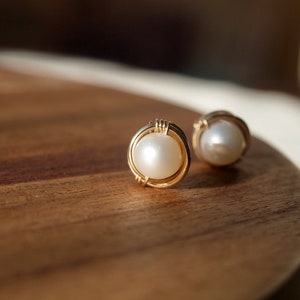 Pearl Stud Earrings Gold filled Earrings, Rose Gold Filled White Pearl Earrings, June baby, Bridal, Earrings Post Pearl, AAA quality image 2