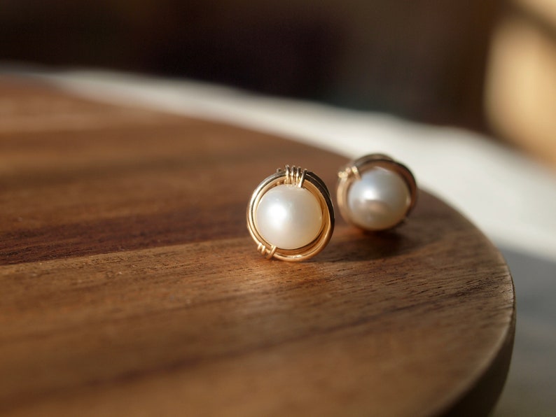 Pearl Stud Earrings Gold filled Earrings, Rose Gold Filled White Pearl Earrings, June baby, Bridal, Earrings Post Pearl, AAA quality image 2