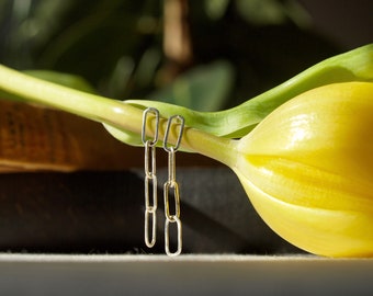 Handmade Link Paperclip stud dangle earrings, sterling silver medium length earrings, silver paperclip link earrings