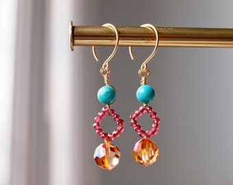 Autumn Dangle Earrings with Turquoise, rhodonite garnet and fire opal swarovski crystals, gemstone earrings