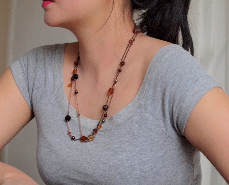 Black and orange long necklace in antique copper chain image 1