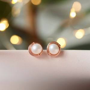 Pearl Stud Earrings Gold filled Earrings, Rose Gold Filled White Pearl Earrings, June baby, Bridal, Earrings Post Pearl, AAA quality image 1