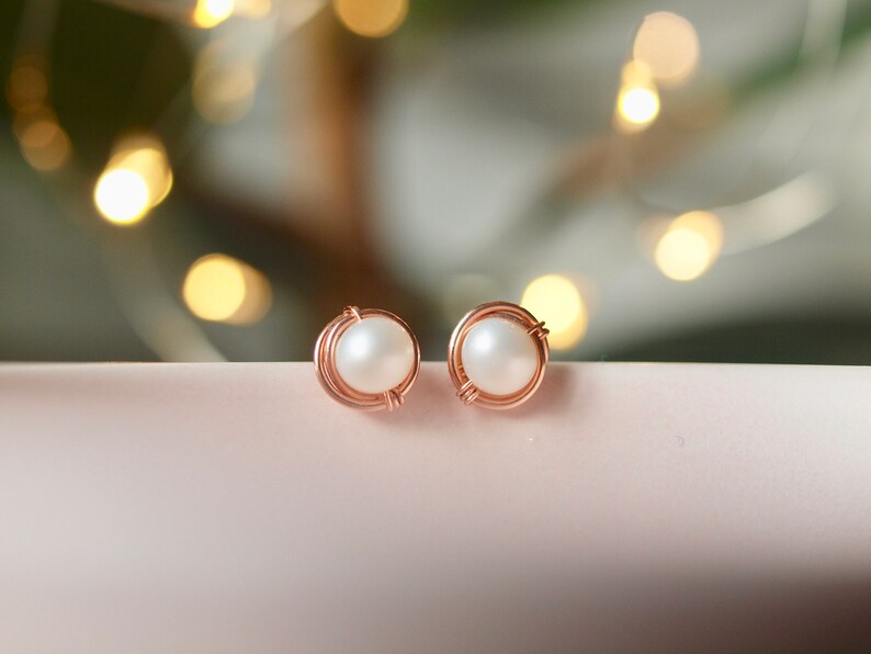 Pearl Stud Earrings Gold filled Earrings, Rose Gold Filled White Pearl Earrings, June baby, Bridal, Earrings Post Pearl, AAA quality image 1