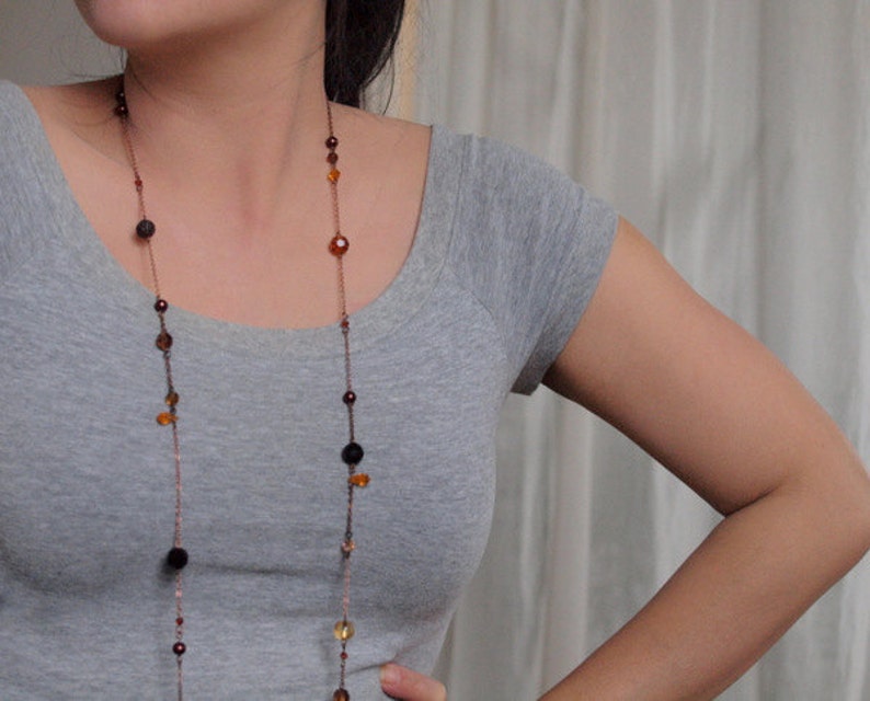 Black and orange long necklace in antique copper chain image 4