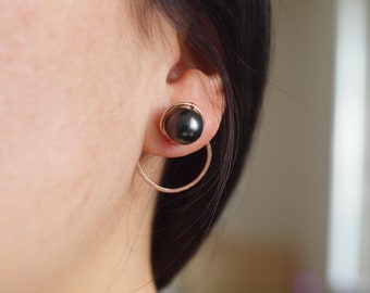 Black Pearl with Circle Earring Jacket, 14 rose gold filled, Black Mother of Pearl ear climber, grey pearl stud earrings