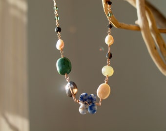Contemporary Necklace, Cold autumn look, wirewrapped of assorted gemstone: lapis lazuli, Brazilian topaz, turquoise, amazonite, keshi pearl