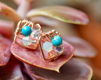 Turquoise square stud earrings in Wirewrapped rose gold with swarovski crystals detail