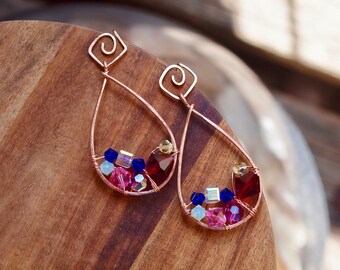 Gold Oval Hoop Earrings, fuchsia swarovski crystal earrings, Detachable earrings, Wirewrapped Statement Earrings, 2 in 1 stud to hoop