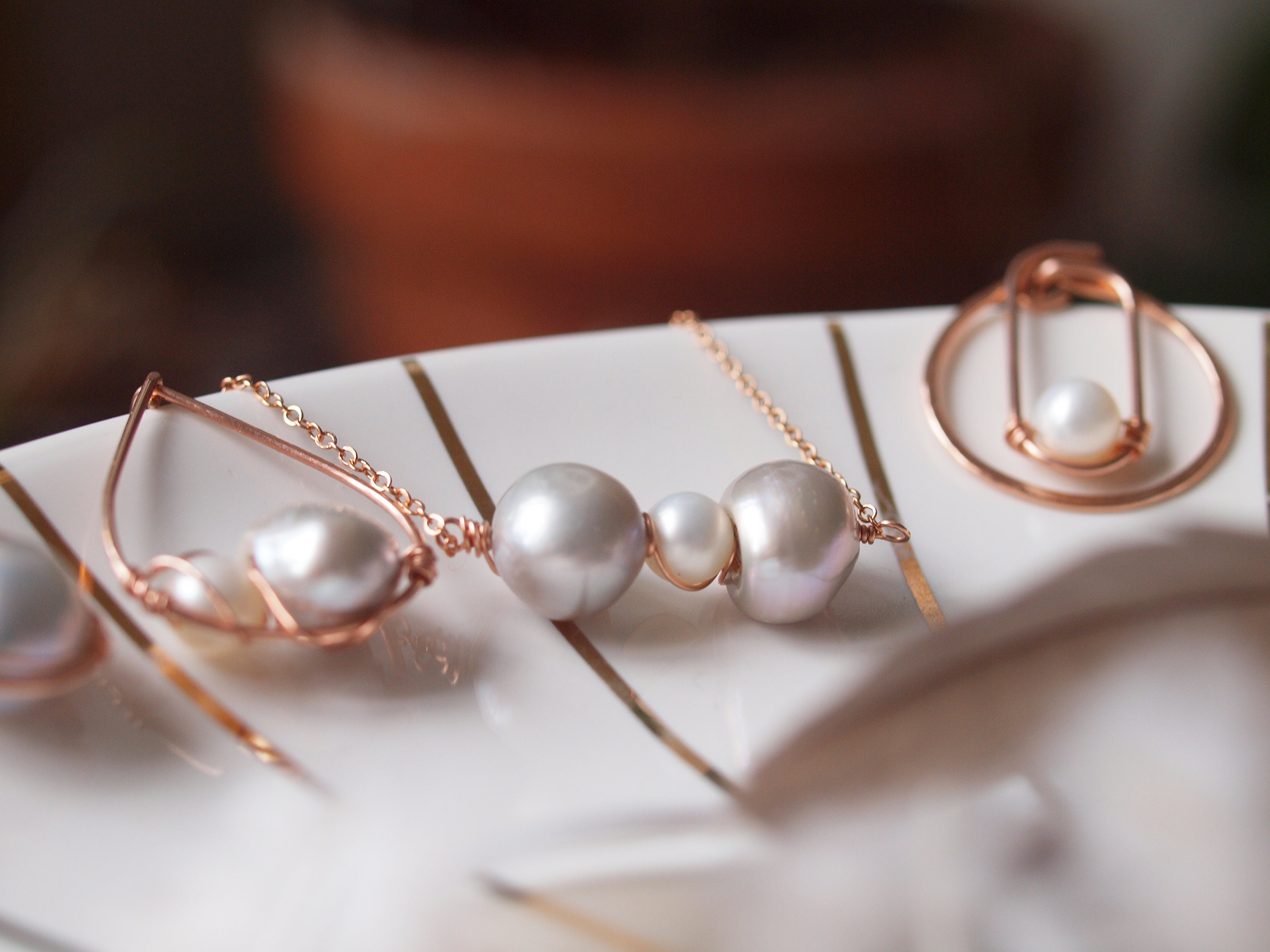 Gold Pearl Necklace, Bow Pendant Necklace, Pearl Ribbon