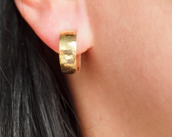 Aurora Earrings, Handmade Hammered Sterling Silver Huggie Hoop Earrings, or Gold Plated Silver