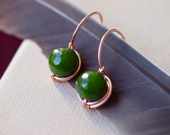 Green jade earrings, rose gold Earrings, Wirewrapped Dangle Earrings, faceted French Earrings in Rose Gold filled