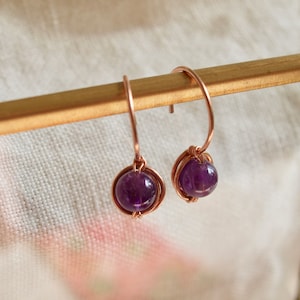 amethyst rose gold earrings, February birthstone earrings, French dangle earrings, wirewrapped, gift for her, sterling silver, gold filled