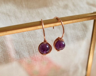 amethyst rose gold earrings, February birthstone earrings, French dangle earrings, wirewrapped, gift for her, sterling silver, gold filled