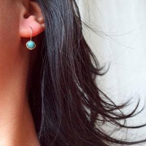 Puede incluir: Un par de pendientes colgantes de color turquesa con engastes de metal dorado. Los pendientes son pequeños y delicados.