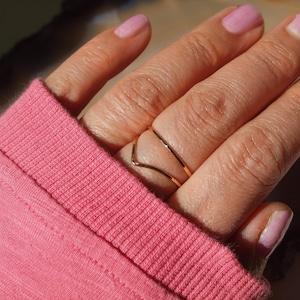 Può includere: Primo piano di una mano che indossa due sottili anelli d'oro. Gli anelli sono impilati uno sopra l'altro e formano una V. La mano indossa un maglione rosa.