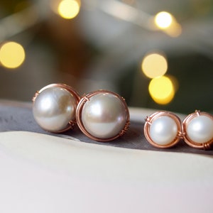 Pearl Stud Earrings Gold filled Earrings, Rose Gold Filled White Pearl Earrings, June baby, Bridal, Earrings Post Pearl, AAA quality image 6