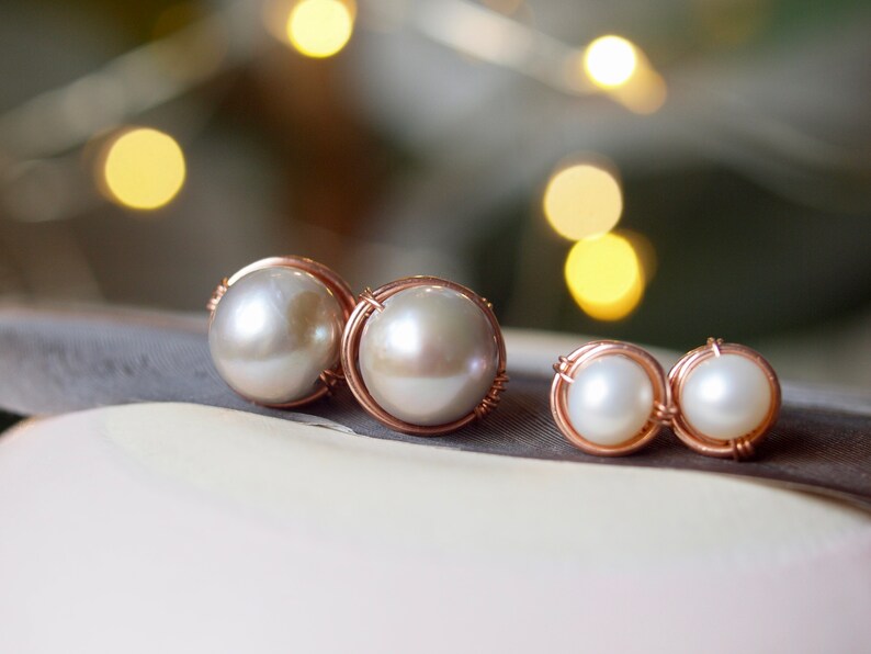 Pearl Stud Earrings Gold filled Earrings, Rose Gold Filled White Pearl Earrings, June baby, Bridal, Earrings Post Pearl, AAA quality image 6