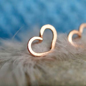 Puede incluir: Dos pendientes de coraz&oacute;n de oro sobre un fondo de plumas blancas.