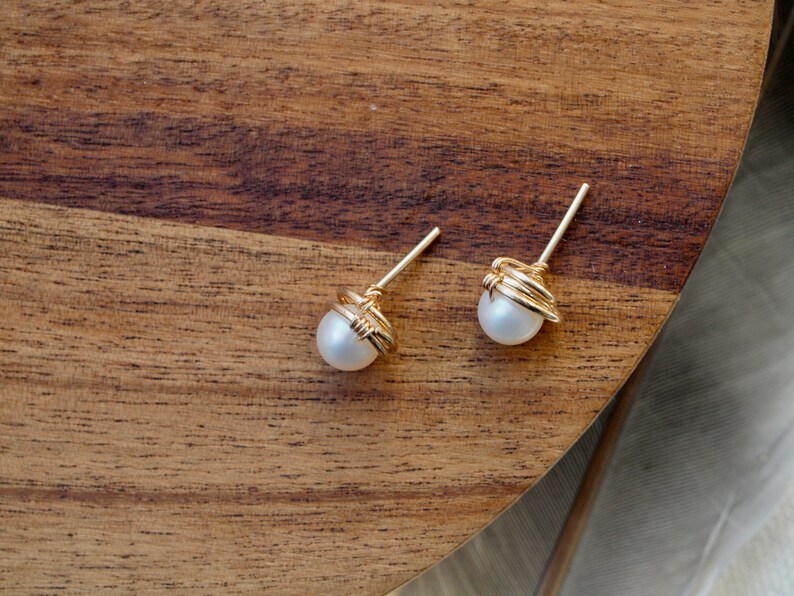 Pearl Stud Earrings Gold filled Earrings, Rose Gold Filled White Pearl Earrings, June baby, Bridal, Earrings Post Pearl, AAA quality image 4