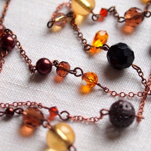 Black and orange long necklace in antique copper chain image 5