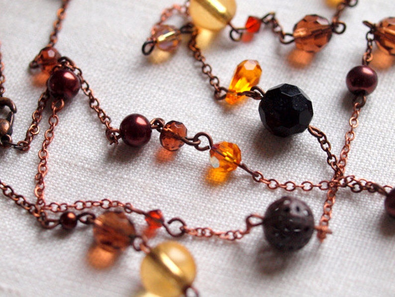 Black and orange long necklace in antique copper chain image 5