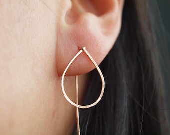 Front Facing Oval ear wire hoop earrings threader in 14K rose gold filled, 14K yellow gold filled, or sterling silver