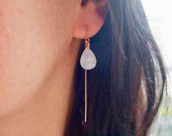 Rainbow Moonstone, 14K rose gold filled or yellow gold filled ear threader, AAA quality stone highest quality of fantasy jewelry