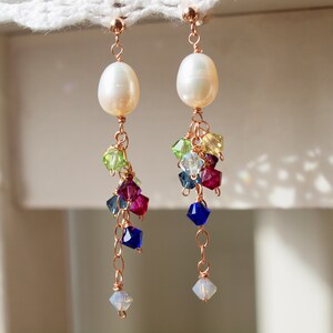 Cloud and Rainbow Pearl cluster earrings, rose gold filled tassel earrings, rainbow earrings, gift for her