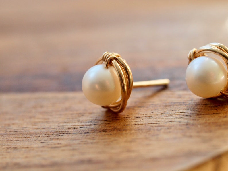 Pearl Stud Earrings Gold filled Earrings, Rose Gold Filled White Pearl Earrings, June baby, Bridal, Earrings Post Pearl, AAA quality image 3