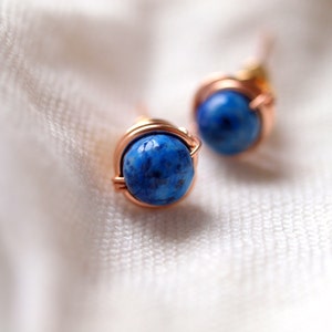 Lapis lazuli stud earrings, rose gold stud earrings, september birthstone color, stud earrings wirewrapped rose goldfilled wire