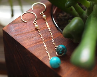 turquoise long earrings, gold earrings, gemstone earrings, Wirewrapped turquoise earrings, long dangle earrings, minimalist earrings