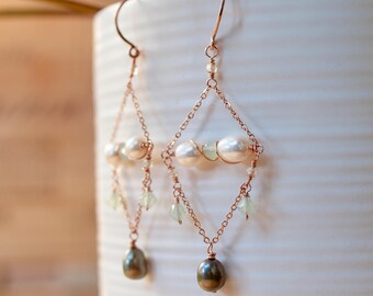 Kite Earrings, Chandelier Earrings, Black and White pearls with chrysolite opal swarovski pearl and champagne seed beads