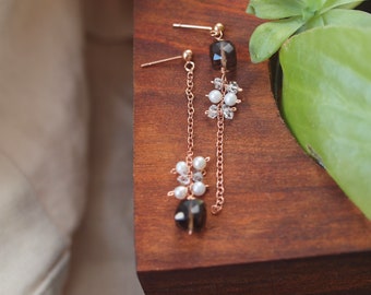 Mismatch Ball Stud Earrings with AAA Brazilian Topaz, Fresh Water Pearl, and Herkimer Diamond