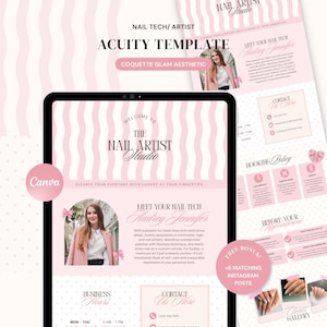 Nail Tech Acuity Scheduling Template, Pink Coquette Glam Acuity Website Banner, Nail Artist Canva Booking Site, Esthetician Branding Kit