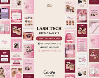 Lash Tech Instagram Templates Canva, Lash Artist Social Media Kit, Esthetician Beauty Business, Cherry Blush Instagram Posts Stories Bundle