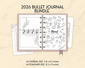 2026 Bullet Journal Bundle | Printable Digital Planner with Calendar, Mood Trackers, Yearly Trackers | A5 & A4 Refillable Journal