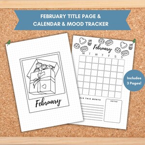 February Title Page, February Calendar, Printable Title Page, Bullet Journal Pages, Mood Tracker, Dated Journal, Bullet Journal Cover