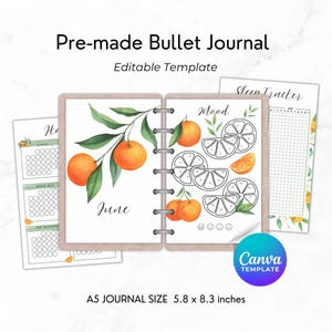 May include: A pre-made bullet journal template with orange and green watercolor illustrations. The journal includes pages for mood tracking, sleep tracking, and habit tracking. The journal is A5 size, measuring 5.8 x 8.3 inches.