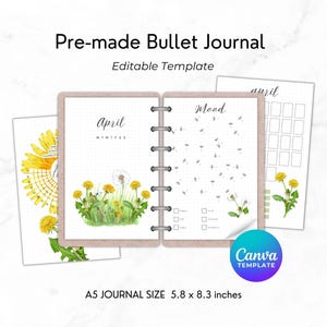 May include: A pre-made bullet journal template with a dandelion theme. The journal is open, revealing pages with the month of April, mood trackers, and a calendar. The journal is A5 size, measuring 5.8 x 8.3 inches.