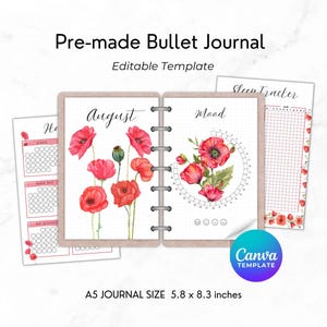 Pre-made Bullet Journal Template | Poppies Theme Monthly Planner Layout | Bullet Journal Bundle