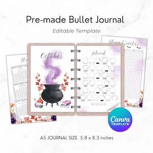 Puede incluir: Un diario de viñetas A5 prefabricado con temática de Halloween. El diario presenta un caldero con humo púrpura y páginas para el seguimiento del estado de ánimo y el sueño. El diario mide 14,7 x 21,1 cm.