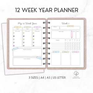 May include: Open planner with a light brown cover and spiral binding. The left page has sections for goals, action steps, and obstacles. The right page is for weekly planning, with space for habits, wins, and challenges. Text reads "12 WEEK YEAR PLANNER."