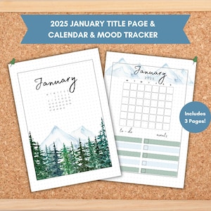 January 2025 Title Page, January Calendar, Printable Title Page, Bullet Journal Pages, Mood Tracker, Dated Journal, Bullet Journal Cover
