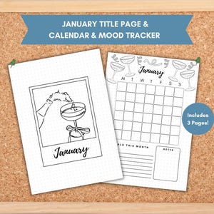 Página de título de enero, calendario de enero, página de título imprimible, páginas de Bullet Journal, seguimiento del estado de ánimo, diario con fecha, portada de Bullet Journal